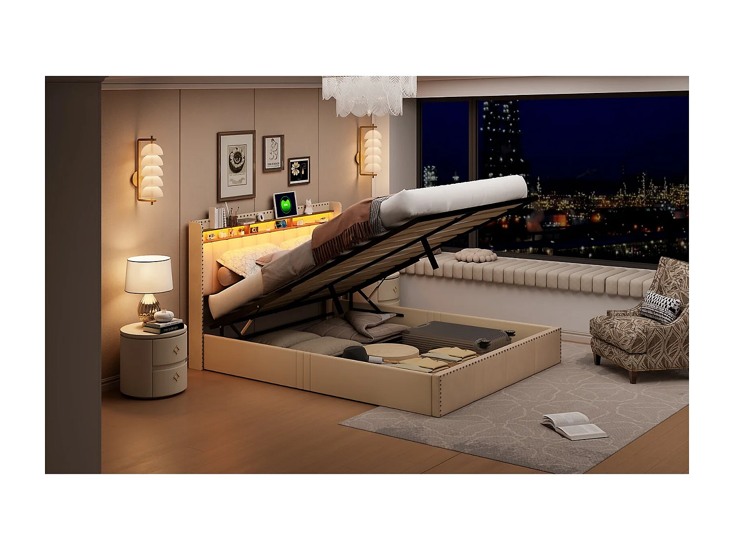Lit coffre double capitonné - Beige - LED, tête de lit avec étagère et rangement