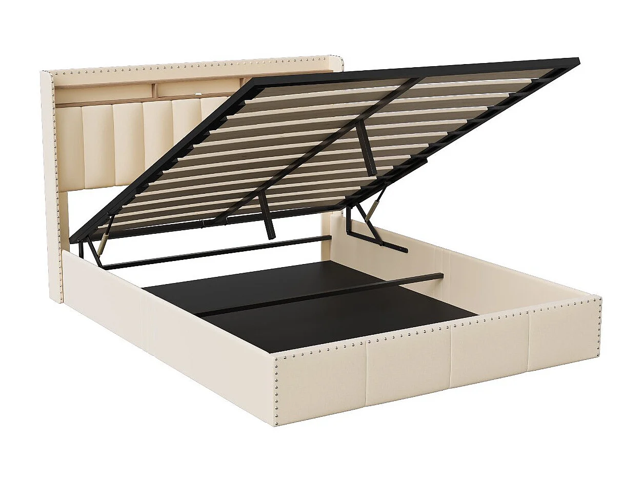 Lit coffre double capitonné - Beige - LED, tête de lit avec étagère et rangement
