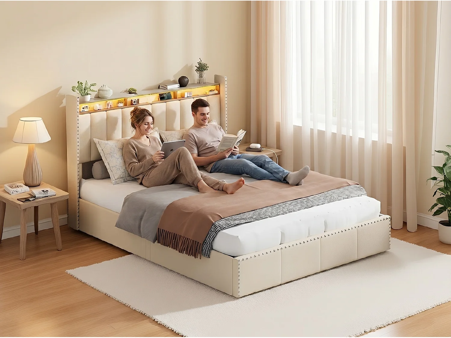 Lit coffre double capitonné - Beige - LED, tête de lit avec étagère et rangement