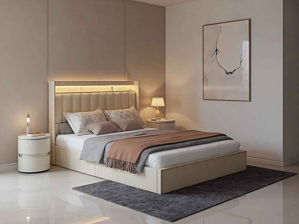 Lit coffre double capitonné - Beige - LED, tête de lit avec étagère et rangement