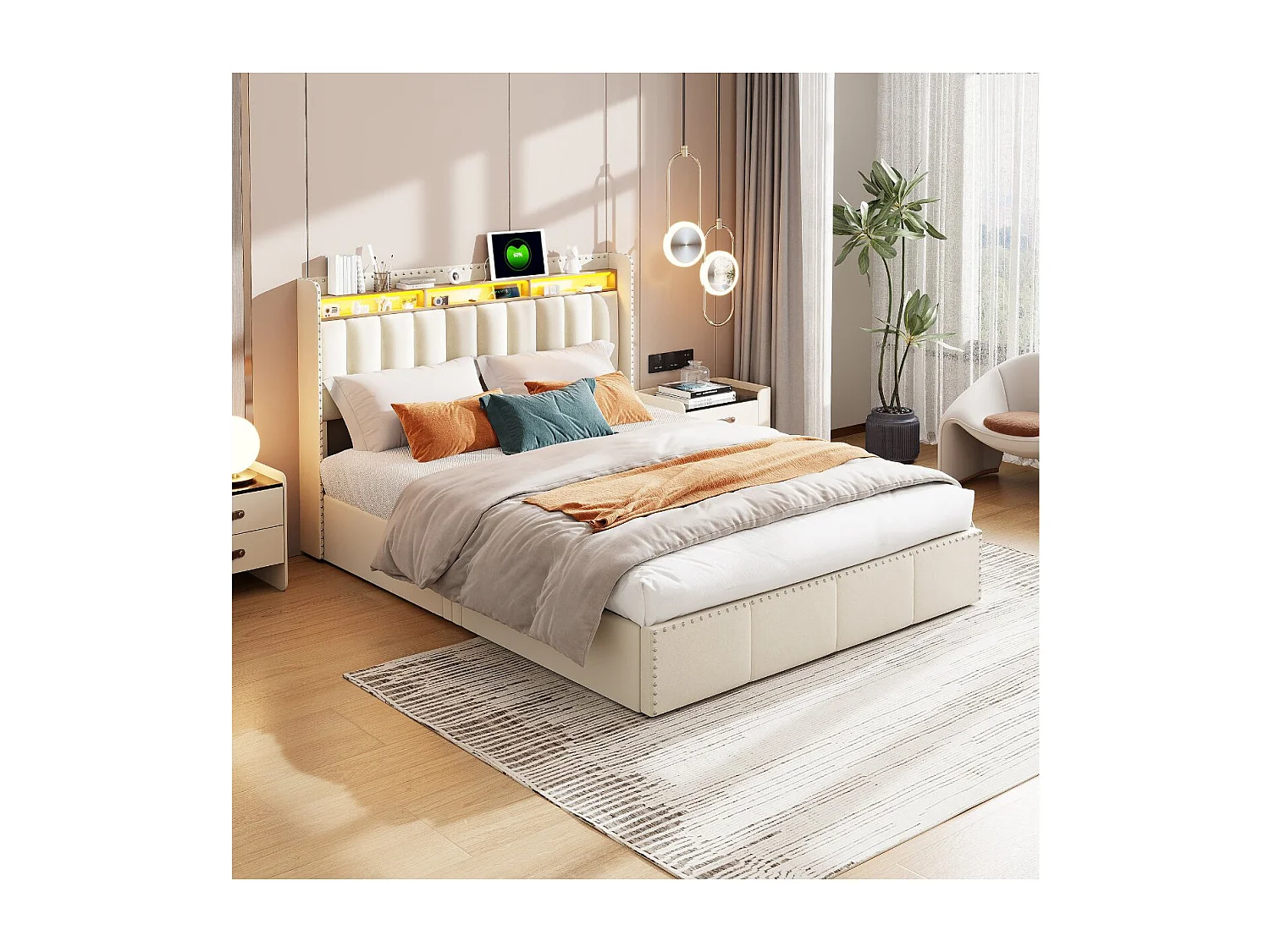 Lit coffre double capitonné - Beige - LED, tête de lit avec étagère et rangement