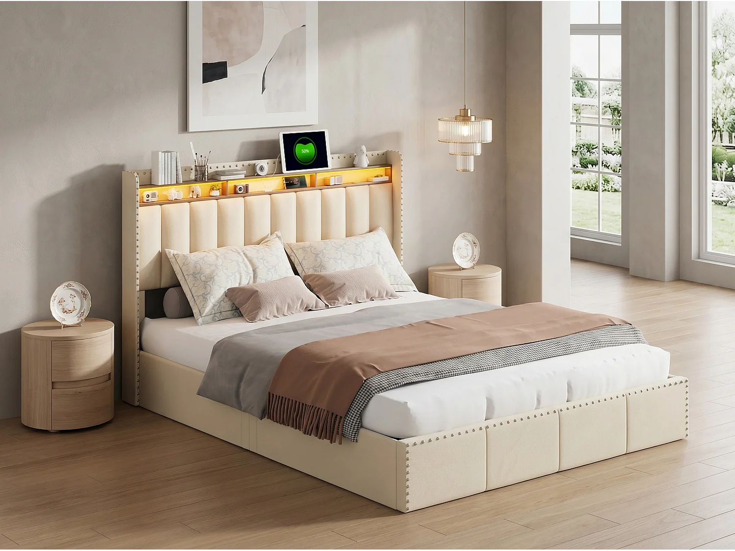 Lit coffre double capitonné - Beige - LED, tête de lit avec étagère et rangement