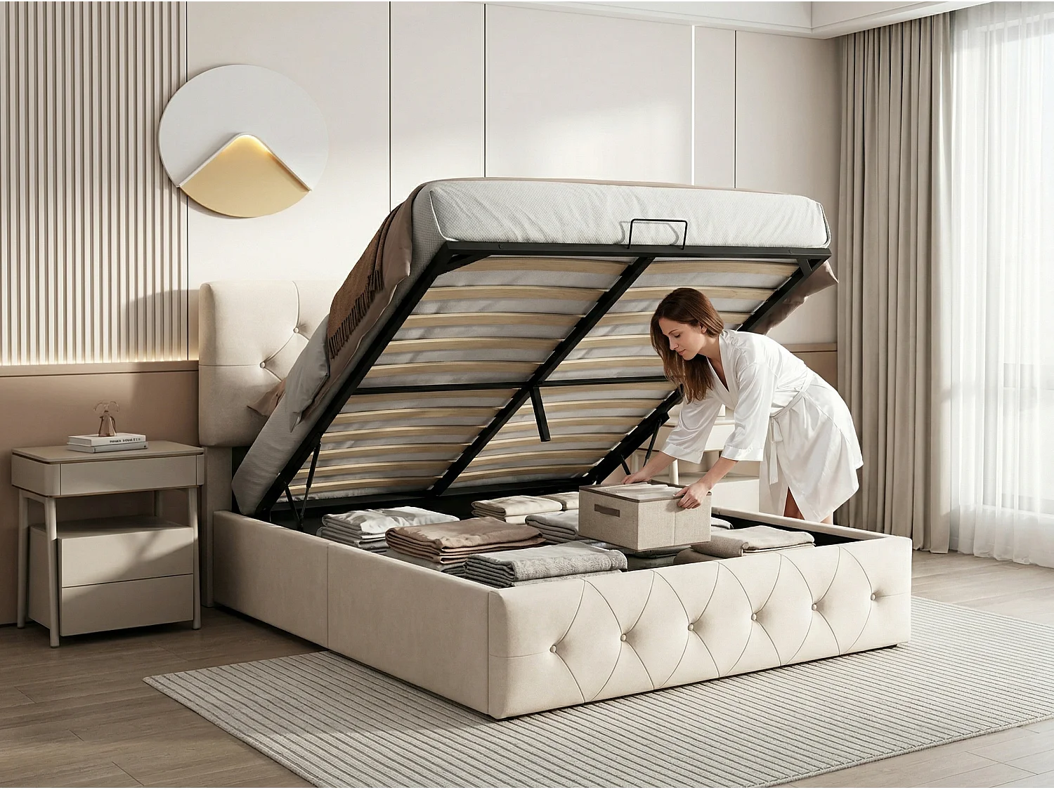 Lit coffre 140x200 cm avec tête de lit - Velours - Rembourrage épais - Structure anti-poussière - Sommier à lattes et espace de rangement hydraulique