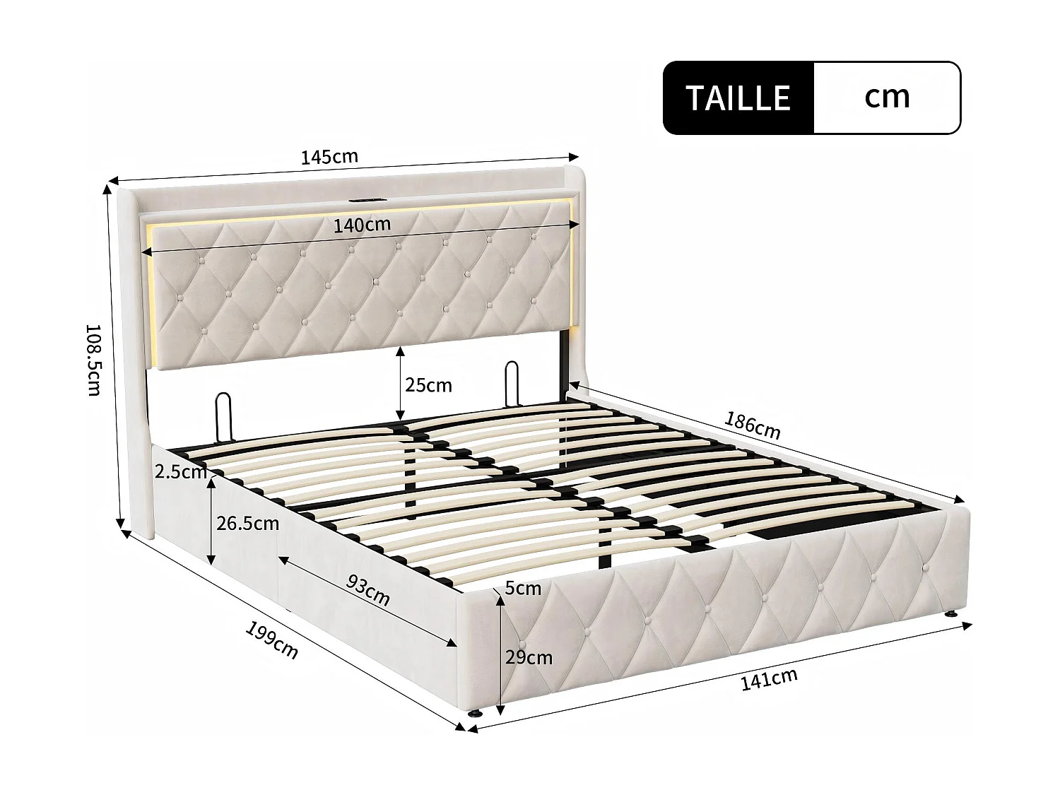 Lit coffre 140x190 avec LED et USB, lit double avec tête de lit rangement, lit en velours avec sommier