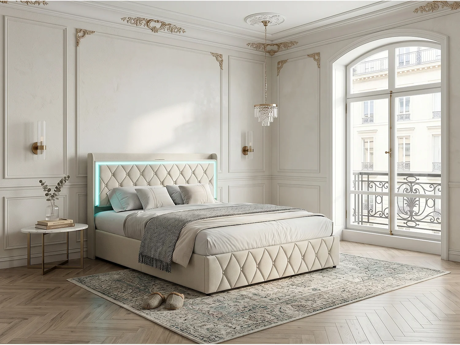 Lit coffre 140x190 cm - LED et USB - Lit double avec tête de lit rangement - Velours - Sommier inclus