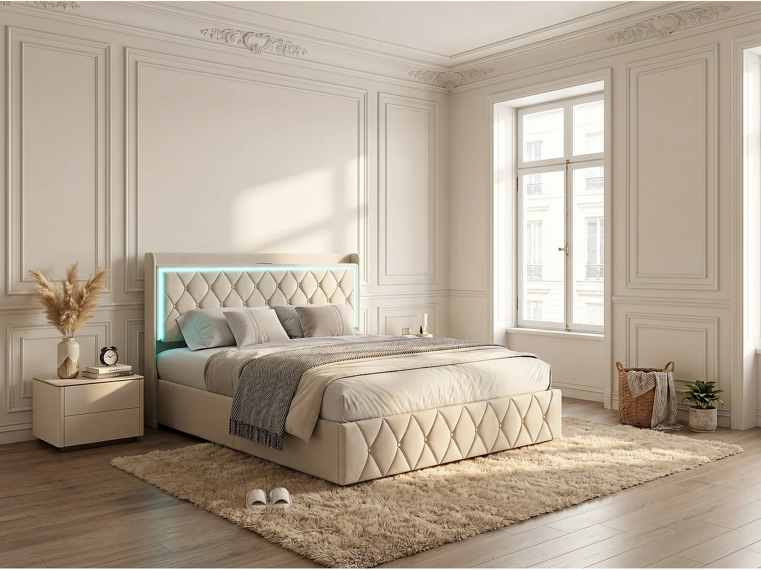 Lit coffre 140x190 cm - LED et USB - Lit double avec tête de lit rangement - Velours - Sommier inclus