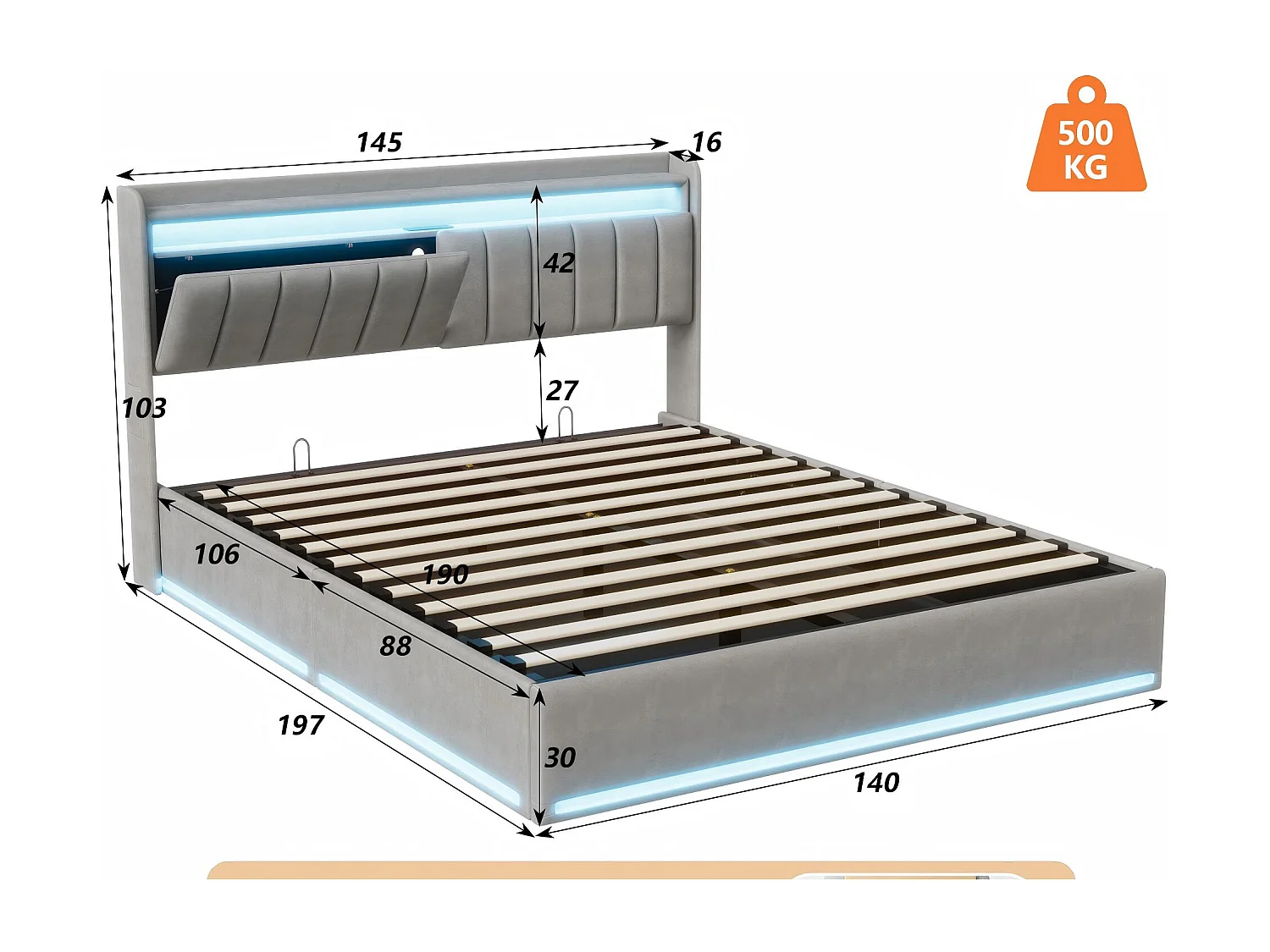 Lit coffre 140x190 avec tiroirs et LED RGB, lit avec USB Type-C, tête de lit rangement, velours