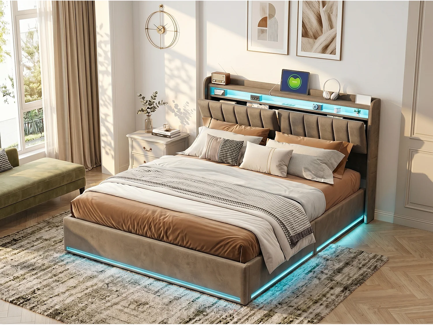 Lit coffre 140x190 cm - Tiroirs de rangement - LED RGB intégrée - USB Type-C - Tête de lit avec rangement - Velours