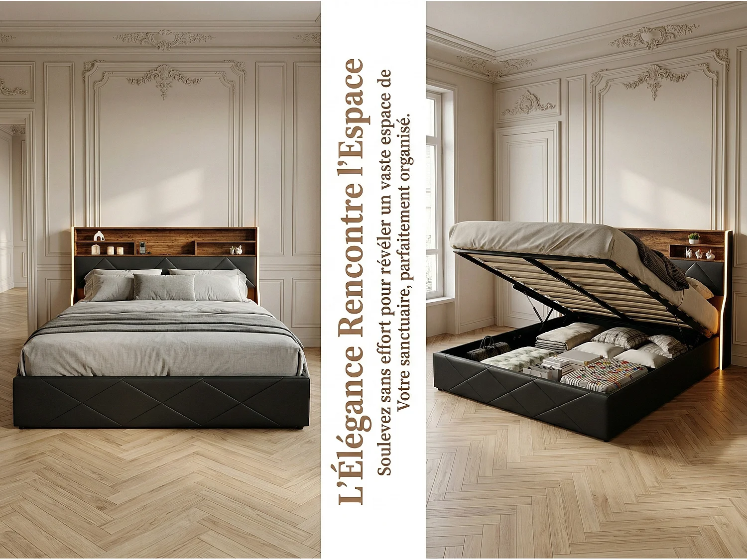 Lit coffre rembourré 160x200 cm - avec éclairage LED et port USB - revêtement effet cuir - tête de lit avec rangement