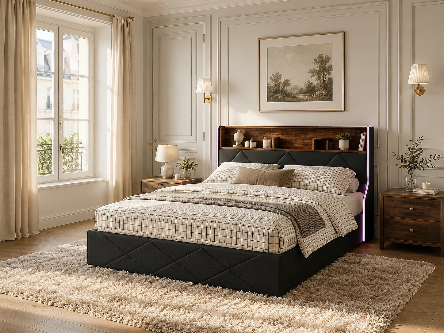 Lit coffre rembourré 160x200 cm - avec éclairage LED et port USB - revêtement effet cuir - tête de lit avec rangement