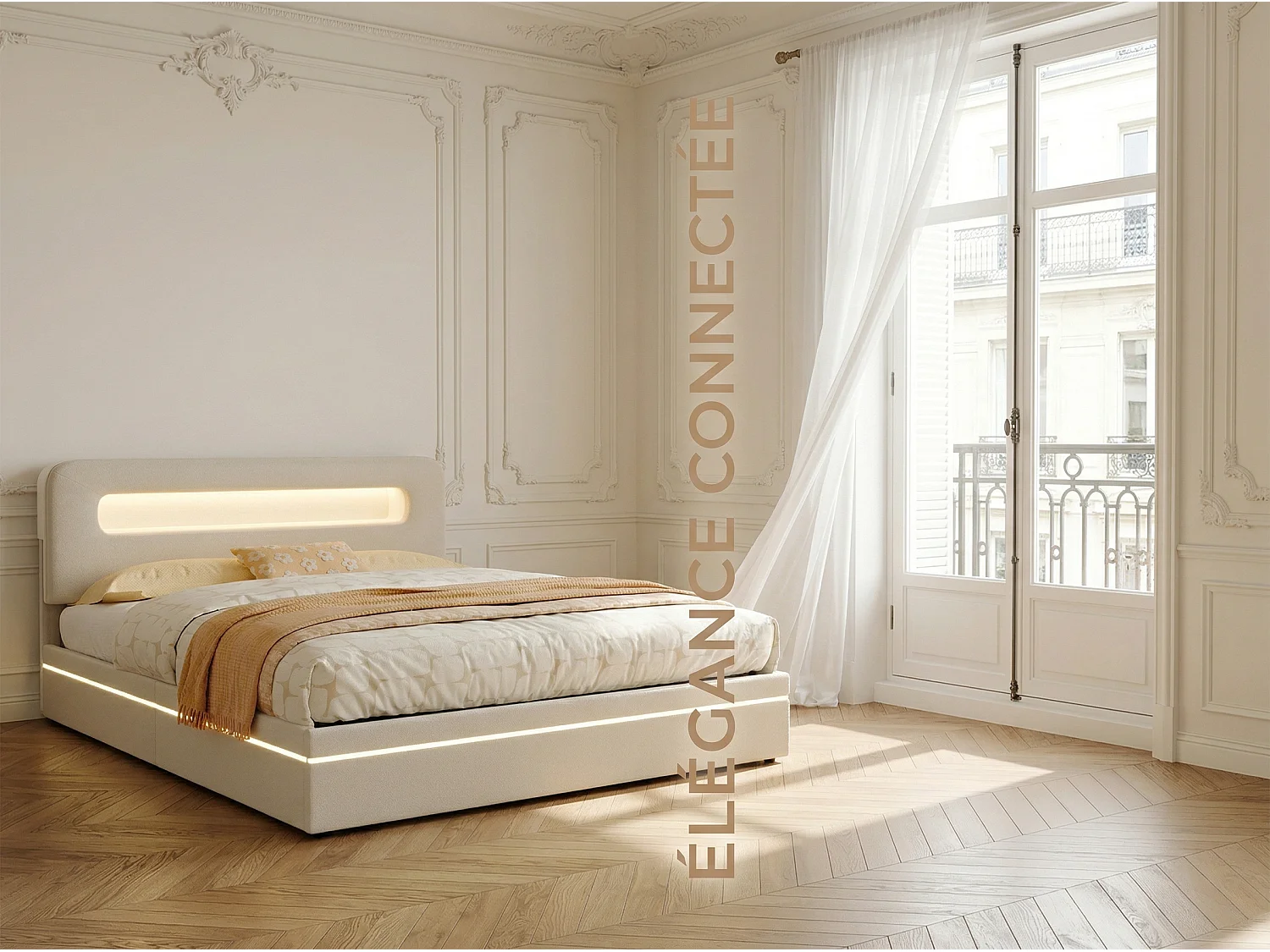 Lit coffre 140x200 cm en velours avec éclairage LED - cadre rembourré - rangement hydraulique avec sommier à lattes - Beige