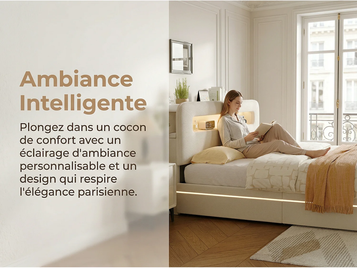 Lit coffre 140x200 cm en velours avec éclairage LED - cadre rembourré - rangement hydraulique avec sommier à lattes - Beige