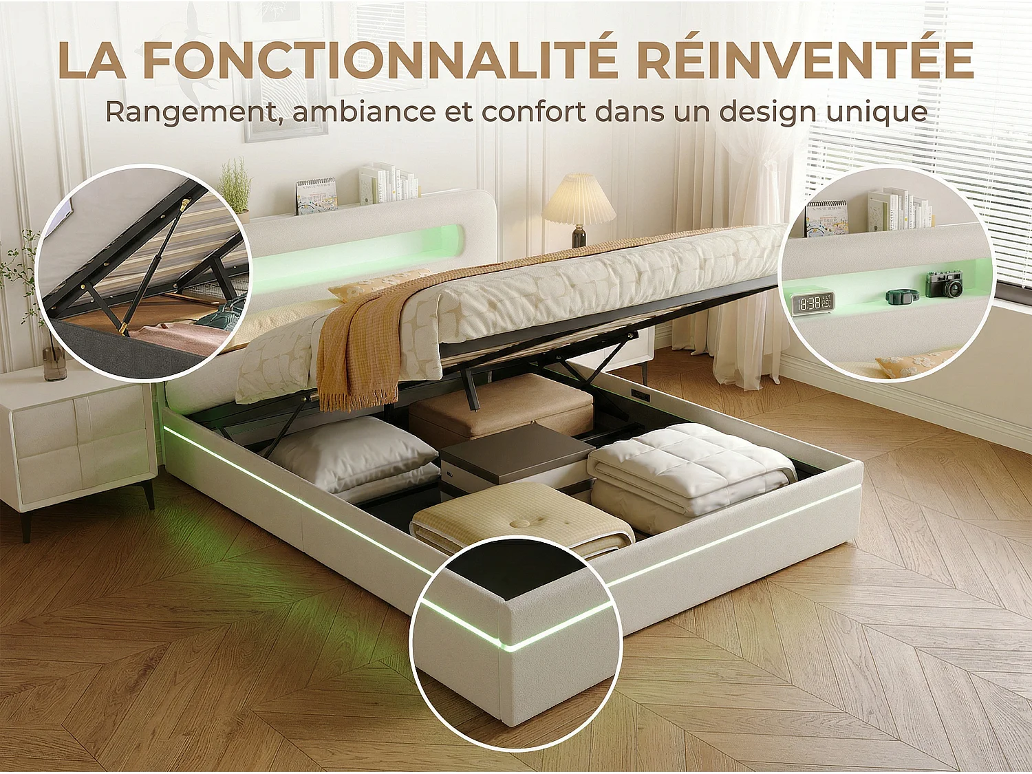 Lit coffre 140x200 cm en velours avec éclairage LED - cadre rembourré - rangement hydraulique avec sommier à lattes - Beige