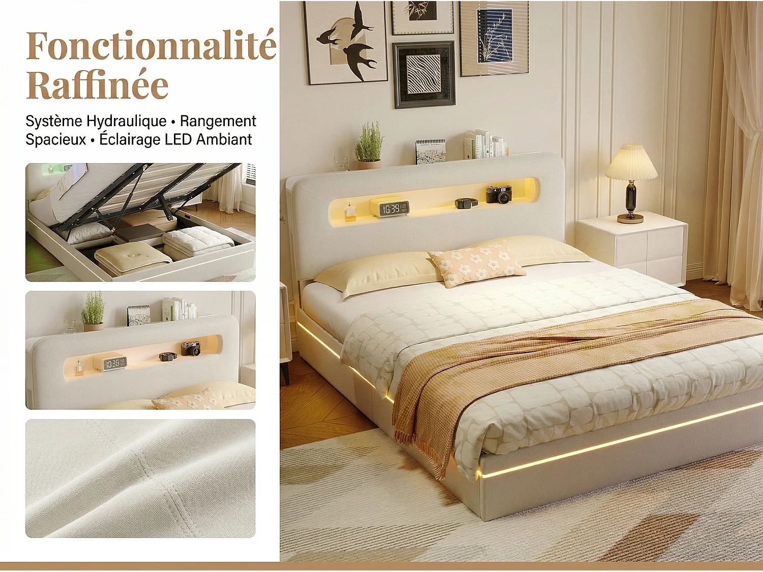 Lit coffre 140x200 cm en velours avec éclairage LED - cadre rembourré - rangement hydraulique avec sommier à lattes - Beige