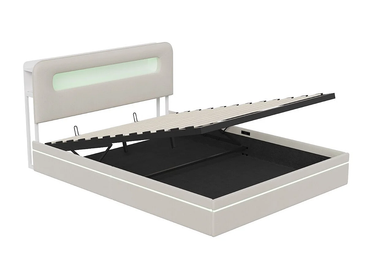 Lit coffre 140x200 cm en velours avec éclairage LED - cadre rembourré - rangement hydraulique avec sommier à lattes - Beige
