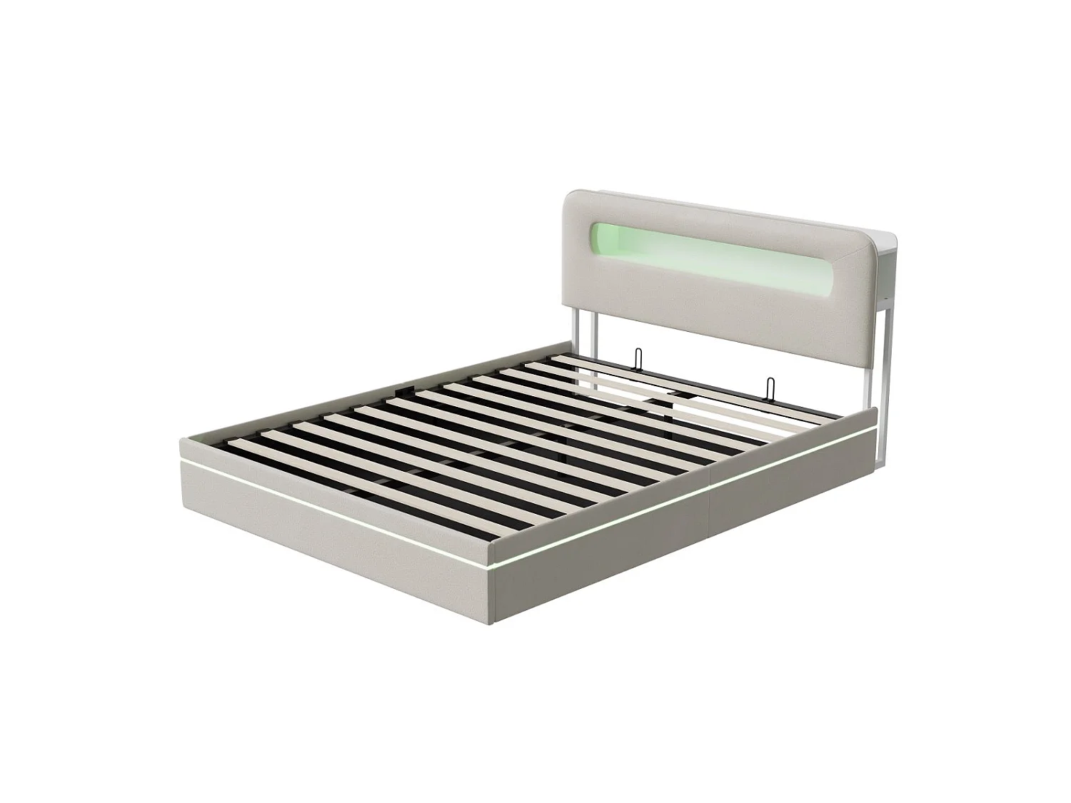 Lit coffre 140x200 cm en velours avec éclairage LED - cadre rembourré - rangement hydraulique avec sommier à lattes - Beige