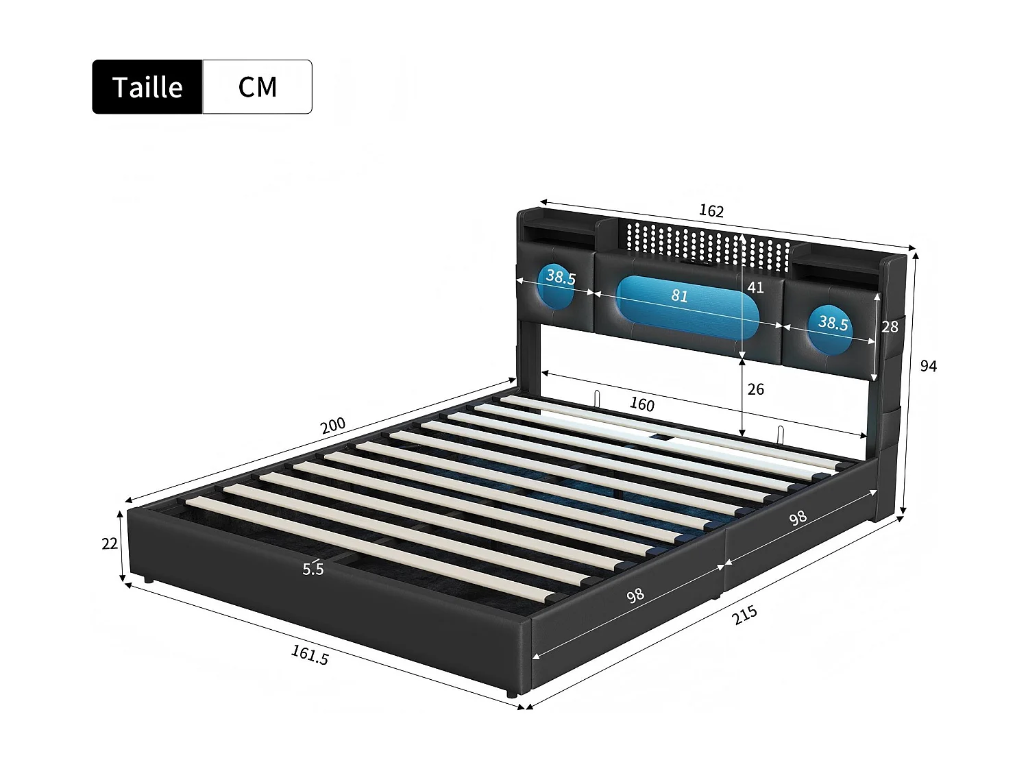 Lit coffre rembourré 160x200 cm en tissu effet lin - éclairage LED et port USB - tête de lit avec rangement - sommier relevable