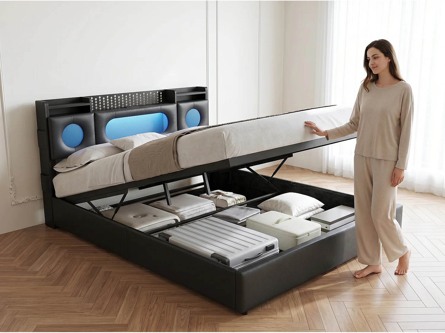 Lit coffre rembourré 160x200 cm en tissu effet lin - éclairage LED et port USB - tête de lit avec rangement - sommier relevable