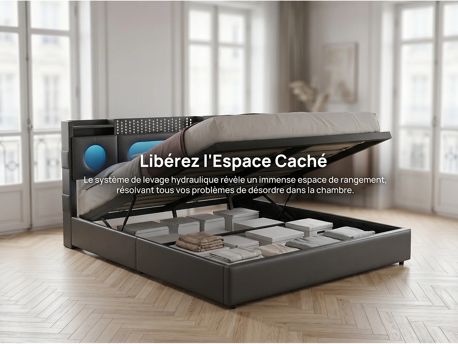 Lit coffre rembourré 160x200 cm en tissu effet lin - éclairage LED et port USB - tête de lit avec rangement - sommier relevable