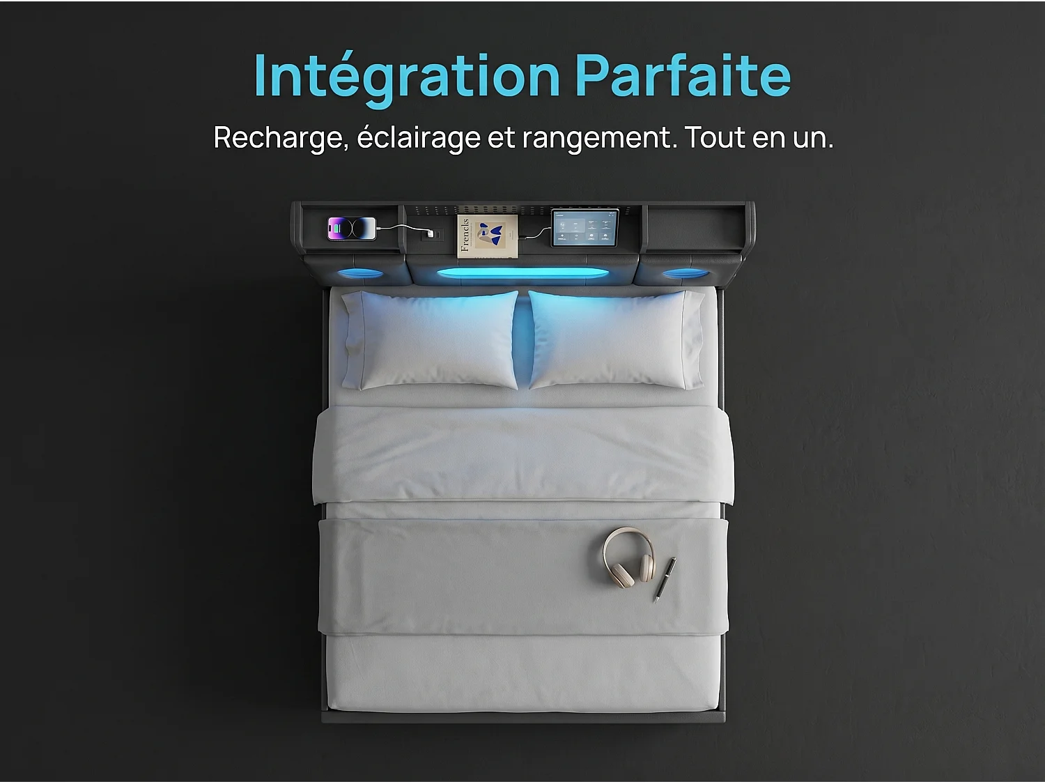 Lit coffre rembourré 160x200 cm en tissu effet lin - éclairage LED et port USB - tête de lit avec rangement - sommier relevable