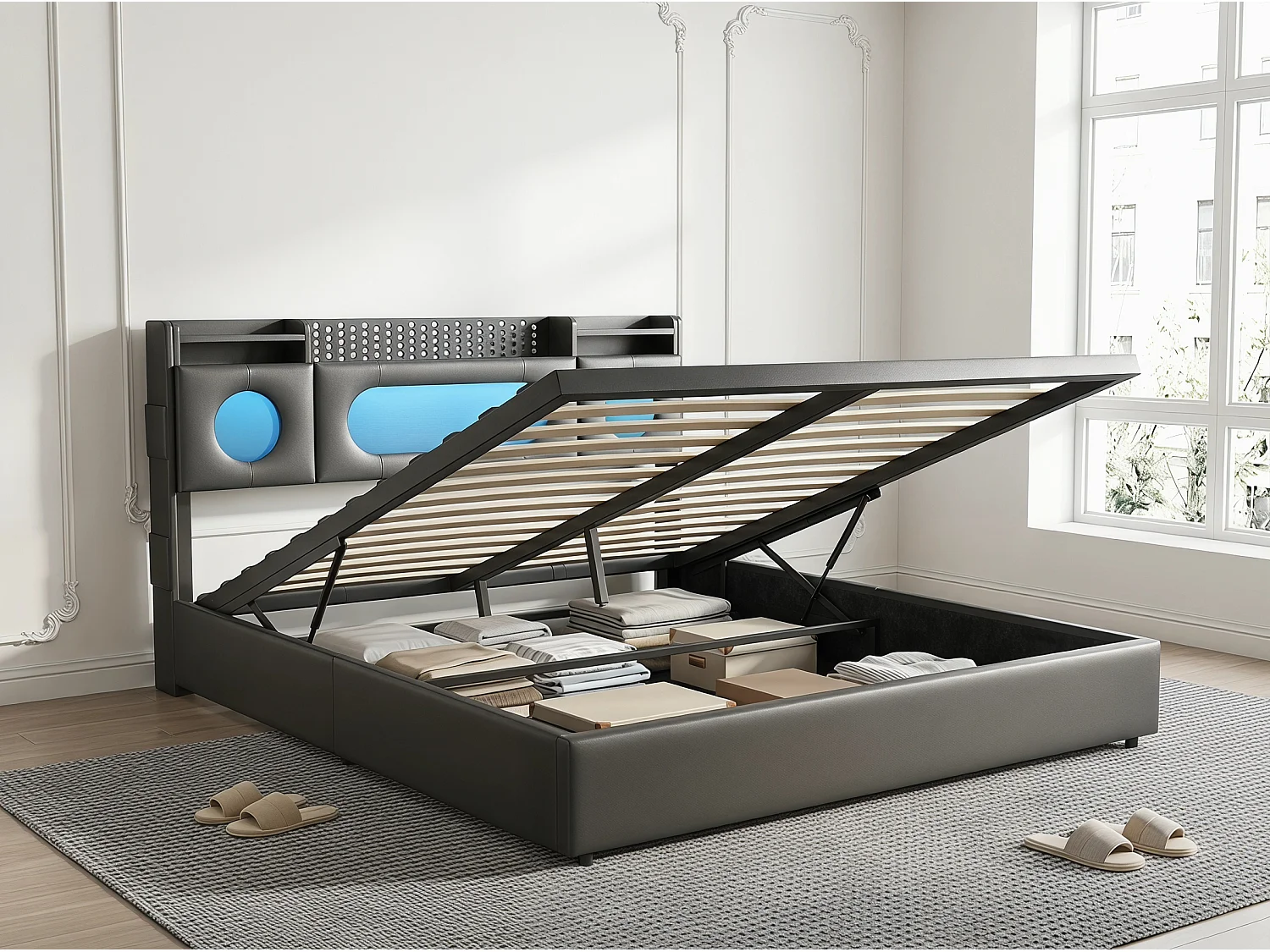 Lit coffre rembourré 160x200 cm en tissu effet lin - éclairage LED et port USB - tête de lit avec rangement - sommier relevable