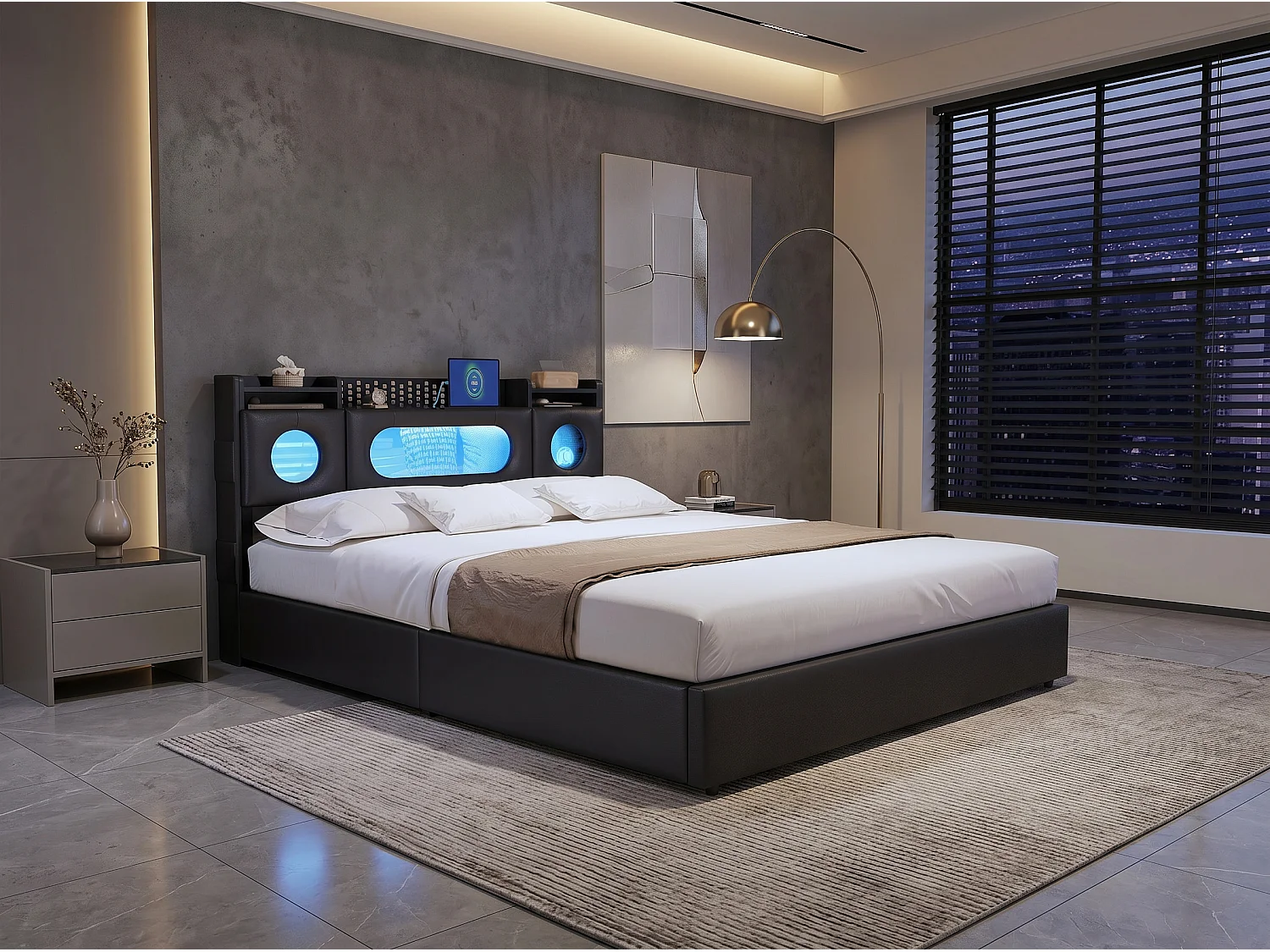 Lit coffre rembourré 160x200 cm en tissu effet lin - éclairage LED et port USB - tête de lit avec rangement - sommier relevable