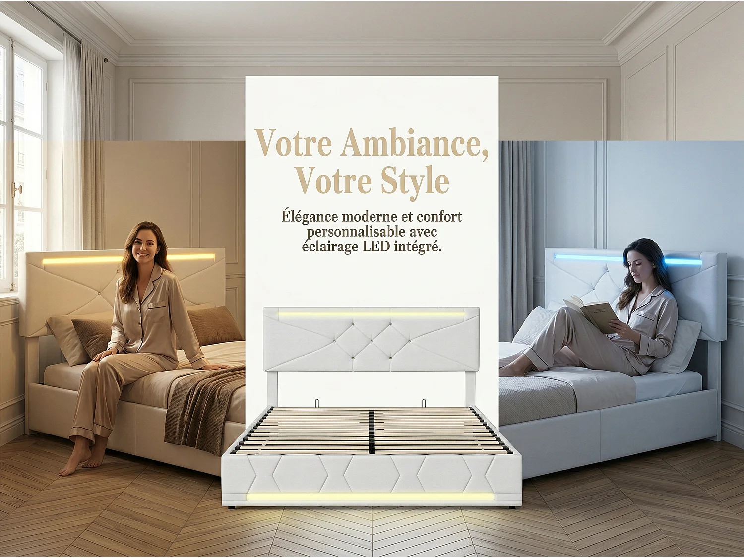 Lit coffre 140x200 cm avec LED, cadre de lit en tissu lin capitonné, rangement hydraulique, sommier à lattes, design moderne