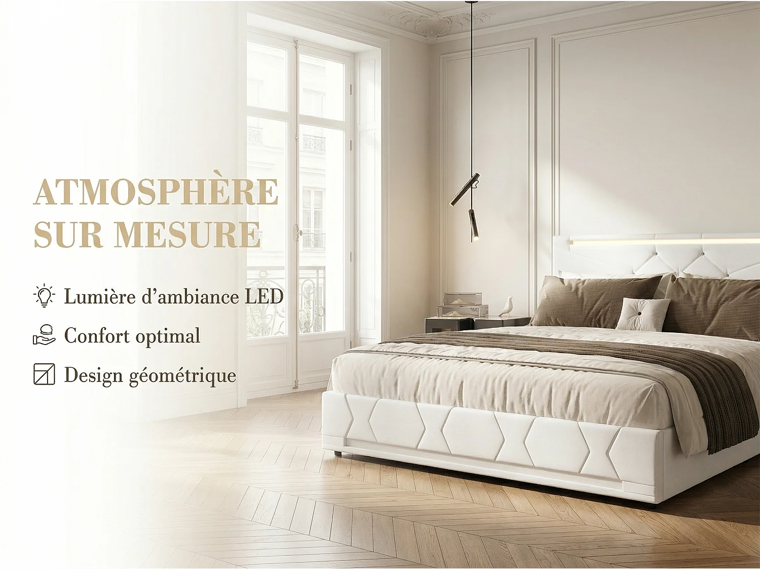 Lit coffre 140x200 cm avec LED, cadre de lit en tissu lin capitonné, rangement hydraulique, sommier à lattes, design moderne