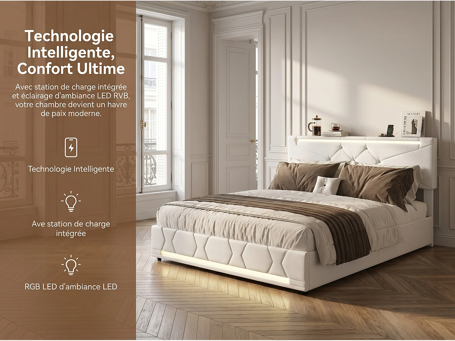 Lit coffre 140x200 cm -avec LED, cadre de lit en tissu lin capitonné, sommier à lattes, design moderne