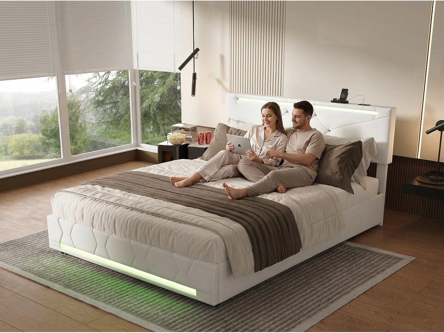 Lit coffre 140x200 cm -avec LED, cadre de lit en tissu lin capitonné, sommier à lattes, design moderne