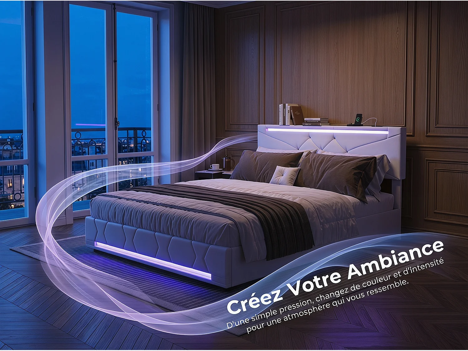 Lit coffre 140x200 cm -avec LED, cadre de lit en tissu lin capitonné, sommier à lattes, design moderne