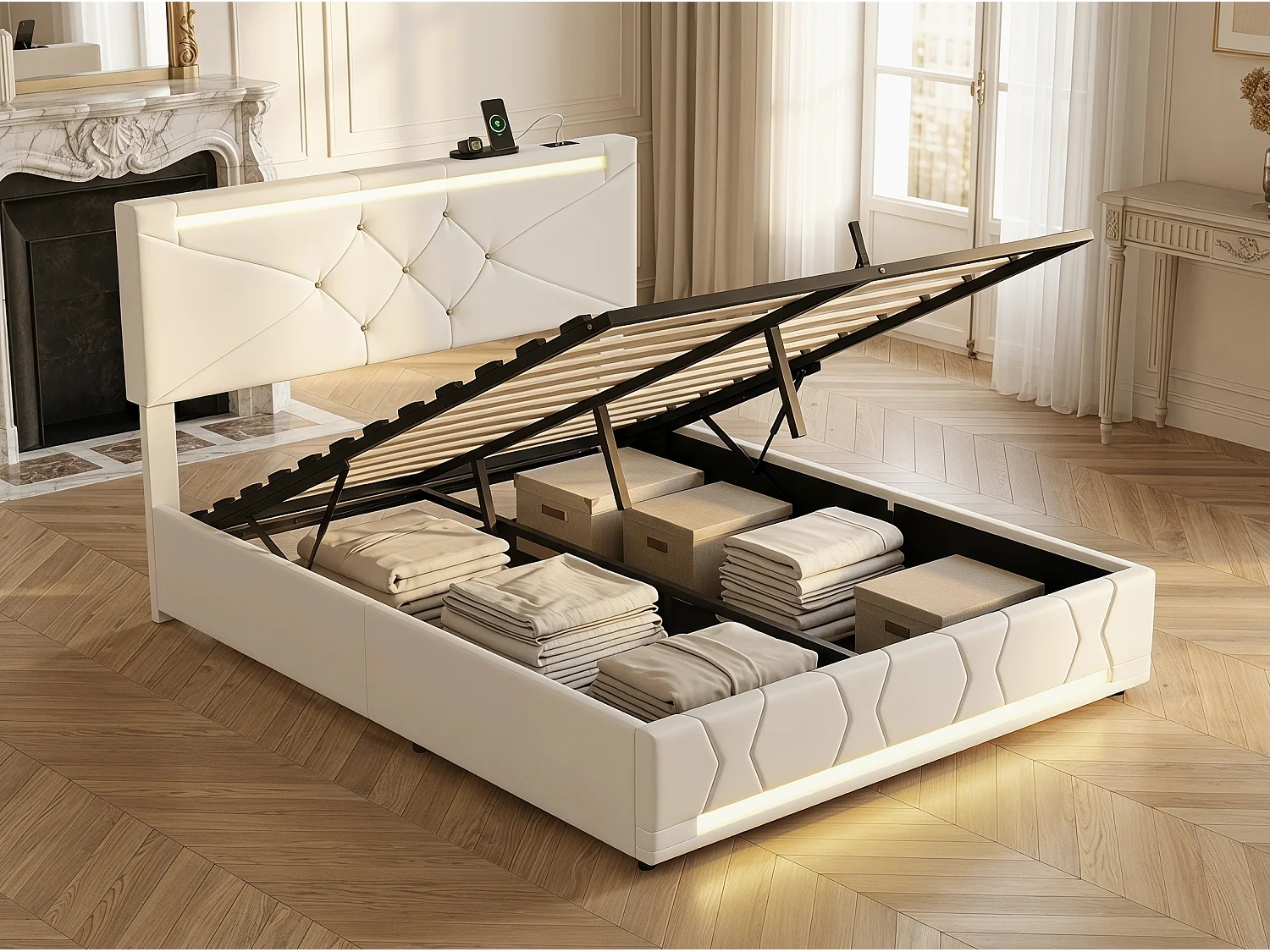 Lit coffre 140x200 cm -avec LED, cadre de lit en tissu lin capitonné, sommier à lattes, design moderne