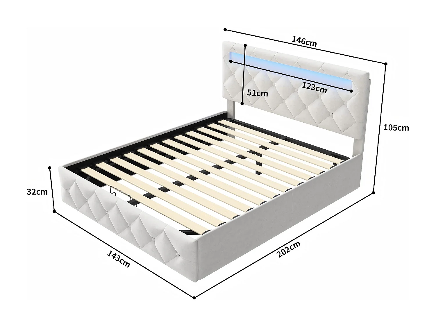 Lit coffre rembourré 140x200 cm - LED RGB intégrée - Velours beige - Tête de lit réglable - Sommier inclus