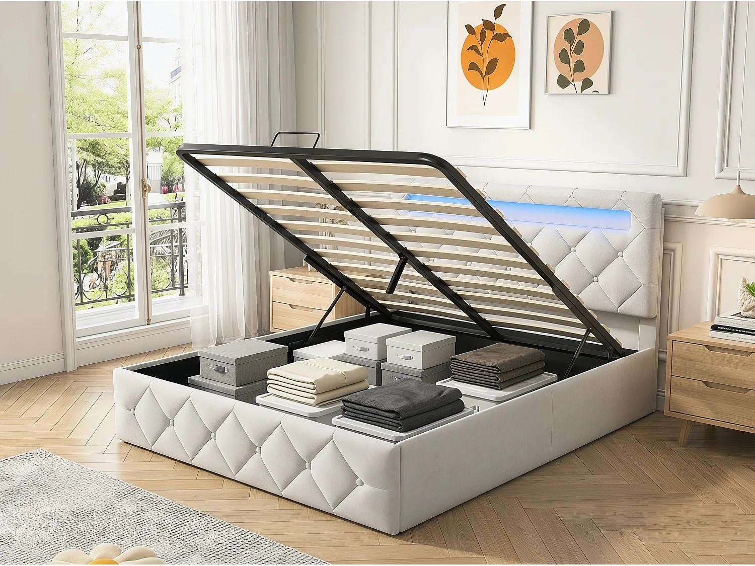 Lit coffre rembourré 140x200 cm - LED RGB intégrée - Velours beige - Tête de lit réglable - Sommier inclus
