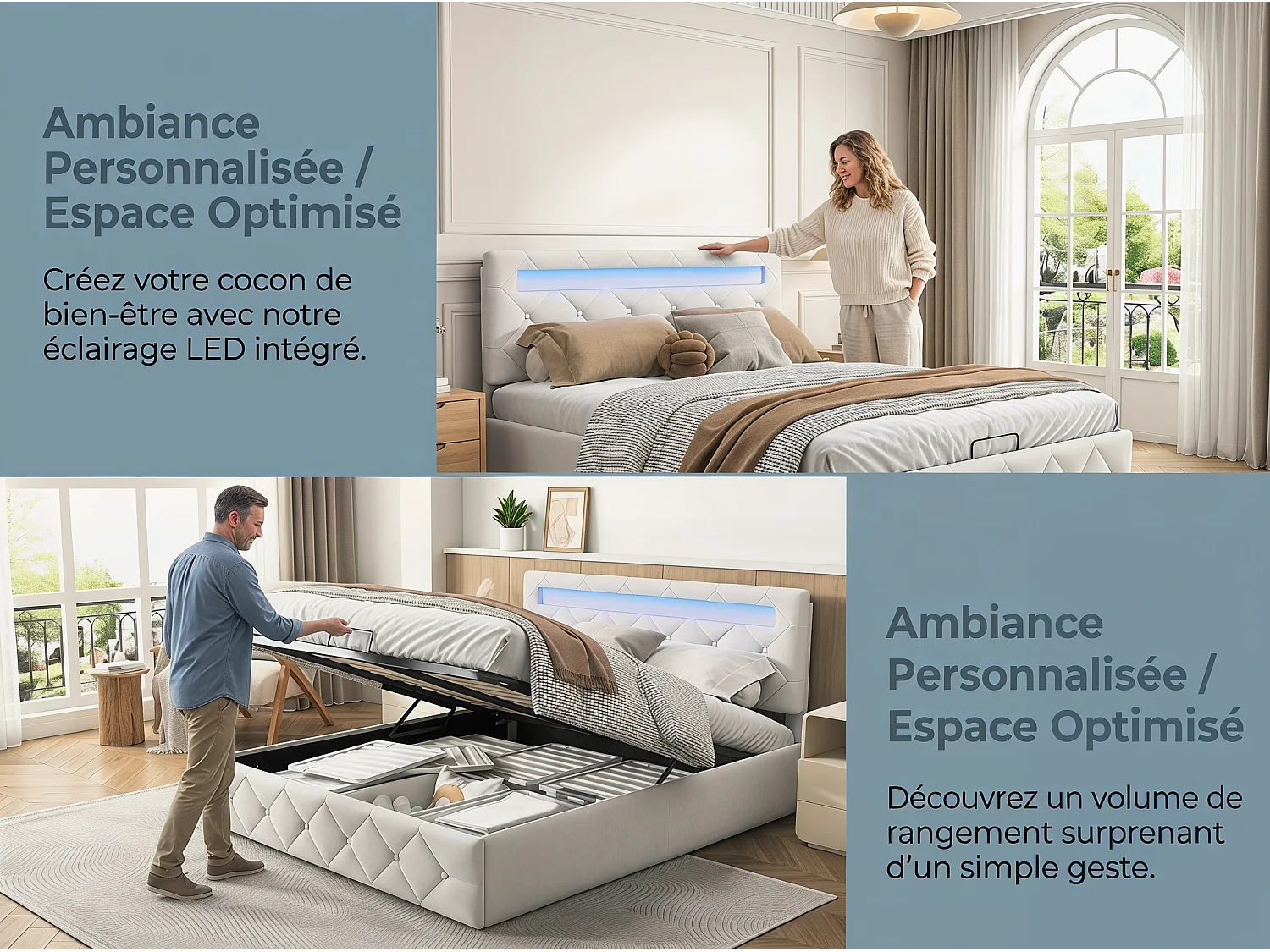 Lit coffre rembourré 140x200 cm - LED RGB intégrée - Velours beige - Tête de lit réglable - Sommier inclus
