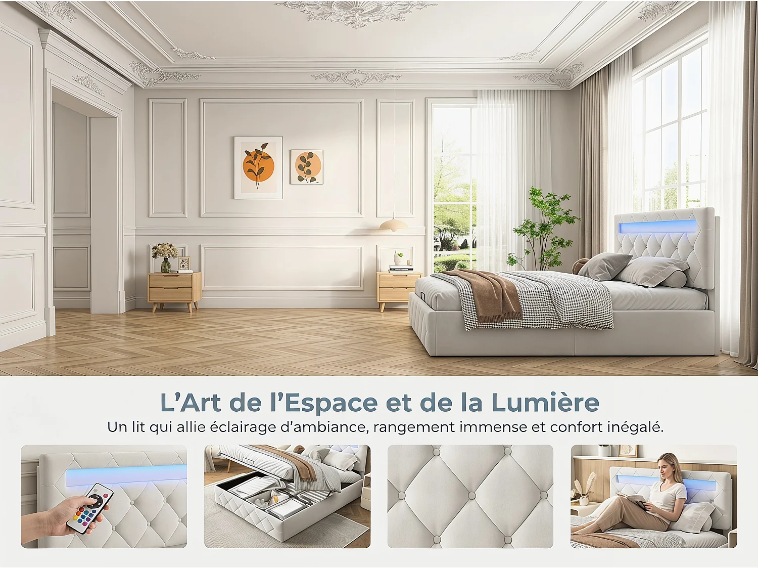 Lit coffre rembourré 140x200 cm - LED RGB intégrée - Velours beige - Tête de lit réglable - Sommier inclus