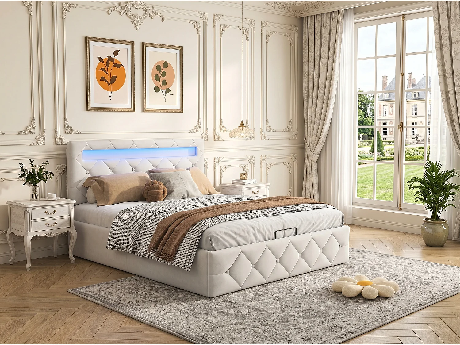 Lit coffre rembourré 140x200 cm - LED RGB intégrée - Velours beige - Tête de lit réglable - Sommier inclus