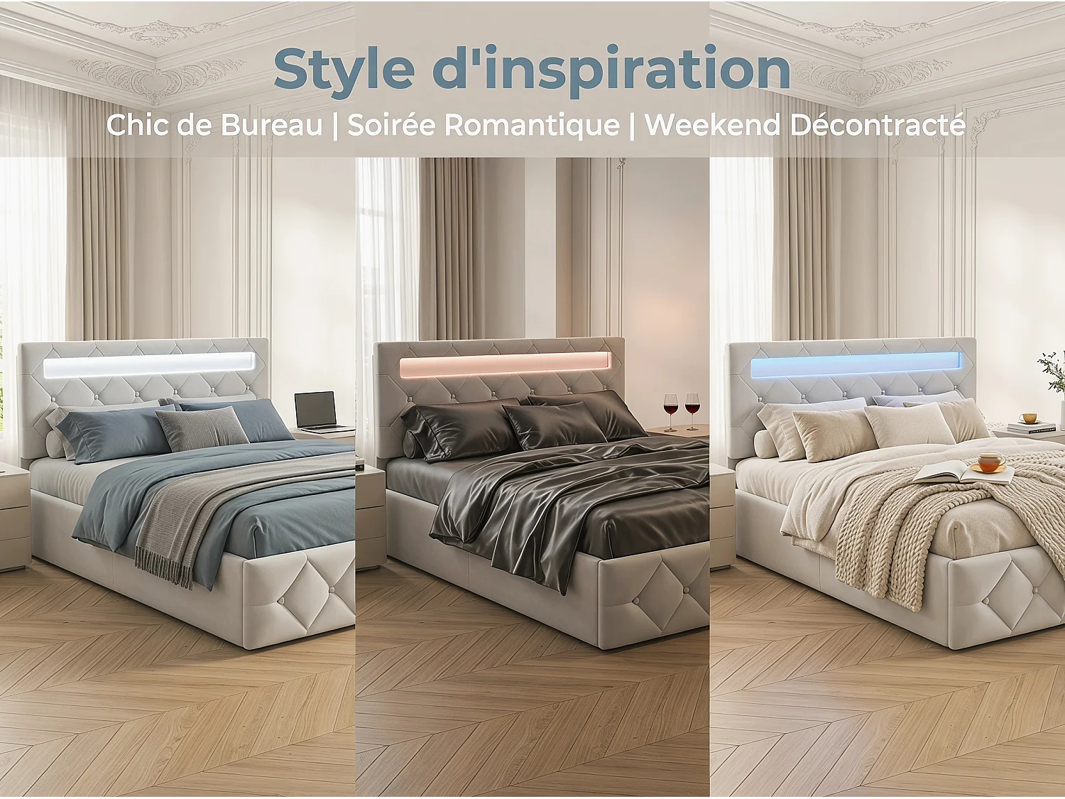 Lit coffre rembourré 140x200 cm - LED RGB intégrée - Velours beige - Tête de lit réglable - Sommier inclus