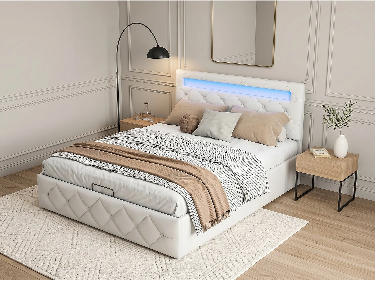 Lit coffre rembourré 140x200 cm - LED RGB intégrée - Velours beige - Tête de lit réglable - Sommier inclus