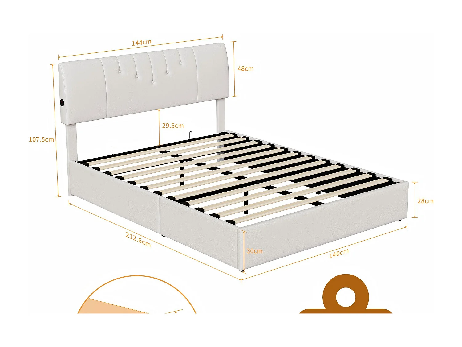 Lit coffre 140x200 cm velours teddy avec LED et USB, cadre de lit rembourré gris, rangement hydraulique, sommier à lattes