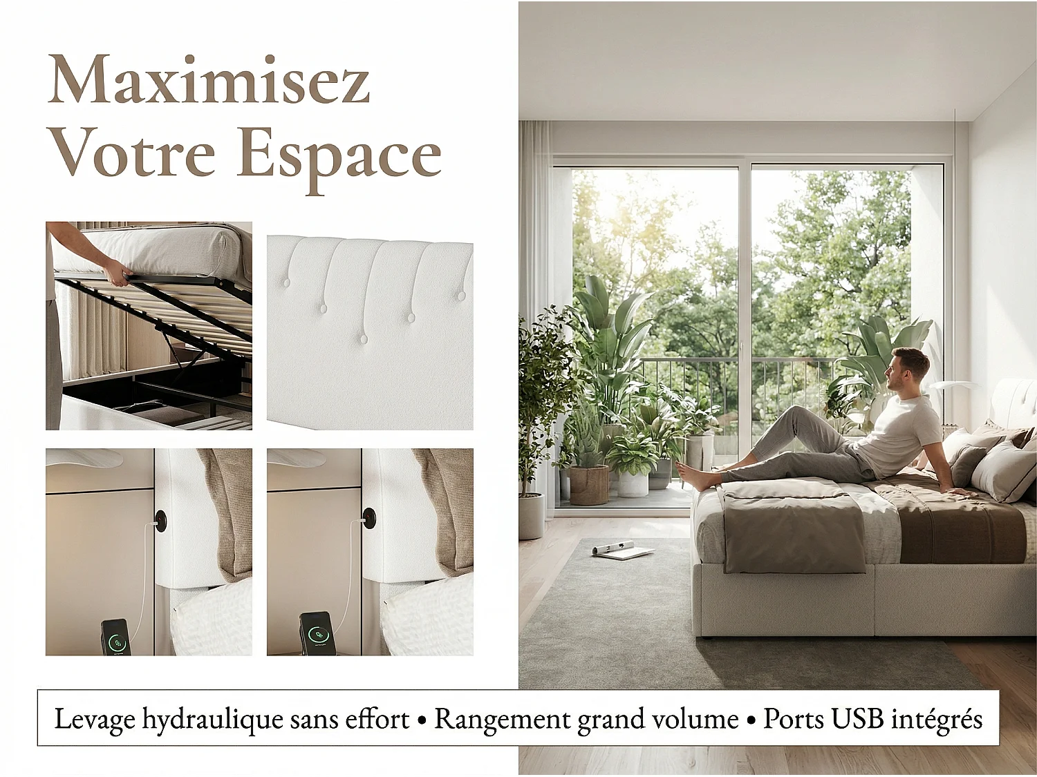 Lit coffre 140 x 200 cm - Rangement hydraulique avec LED et interface USB - Cadre de lit rembourré Blanc