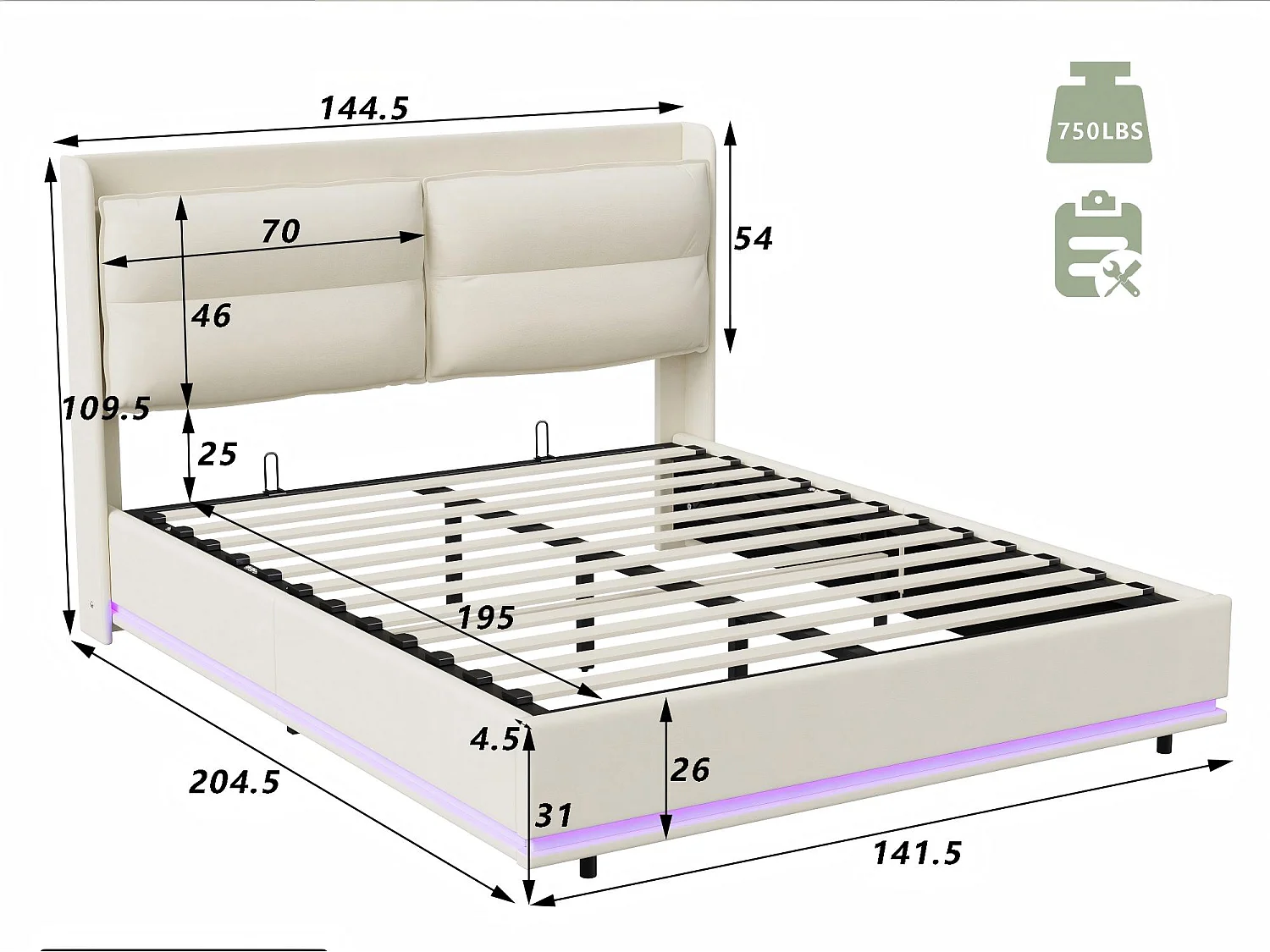 Lit coffre 140x200 cm - Lit double capitonné PU beige - Sommier relevable - Grand rangement