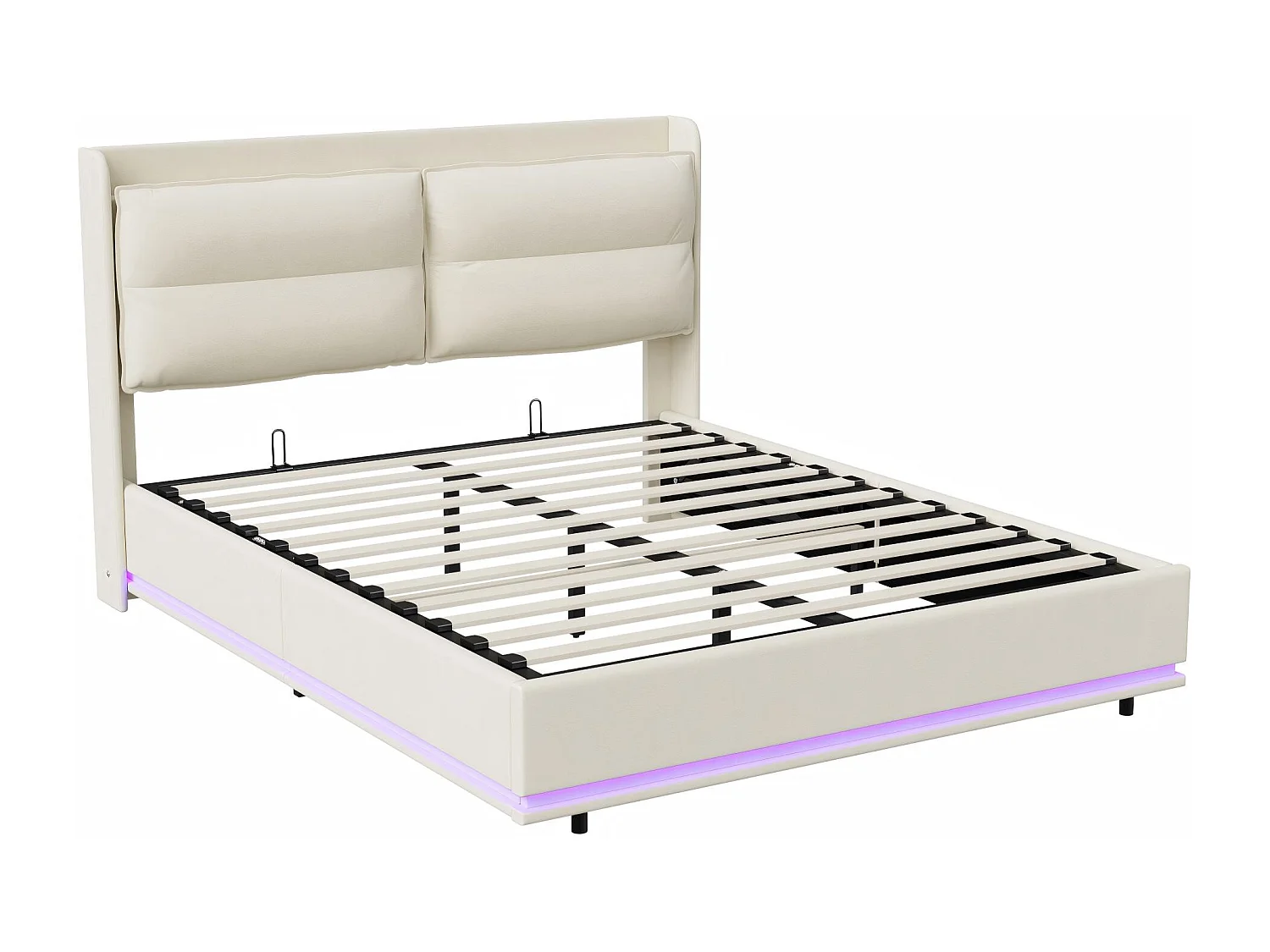 Lit coffre 140x200 cm - Lit double capitonné PU beige - Sommier relevable - Grand rangement
