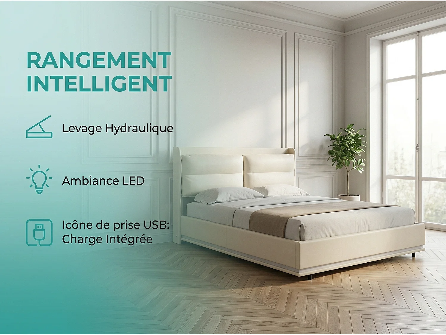 Lit coffre 140x200 cm - Lit double capitonné PU beige - Sommier relevable - Grand rangement