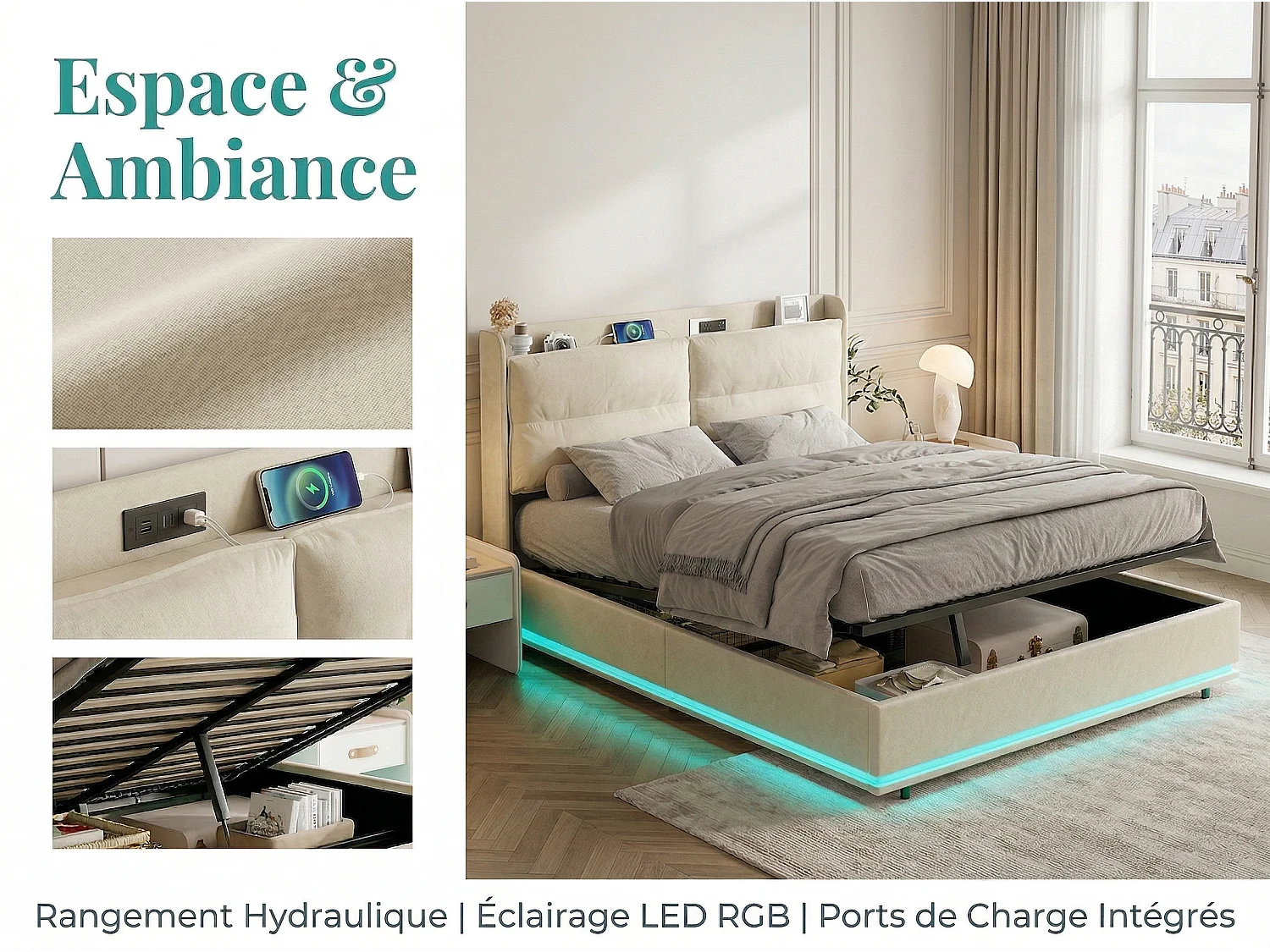Lit coffre 140x200 cm - Lit double capitonné PU beige - Sommier relevable - Grand rangement