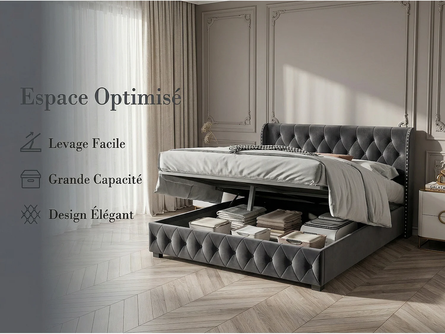 Lit coffre160x200 - gris avec tête de lit capitonnée, clous décoratifs et sommier relevable-en velours