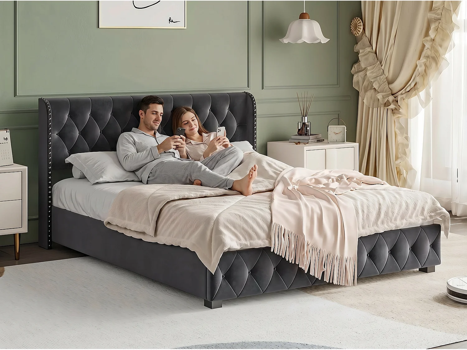 Lit coffre160x200 - gris avec tête de lit capitonnée, clous décoratifs et sommier relevable-en velours