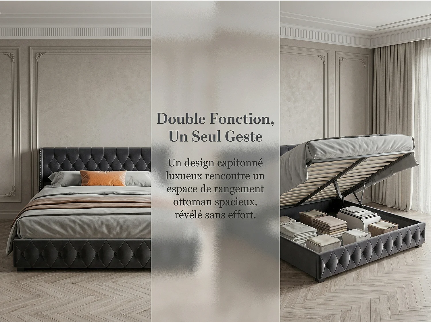 Lit coffre160x200 - gris avec tête de lit capitonnée, clous décoratifs et sommier relevable-en velours