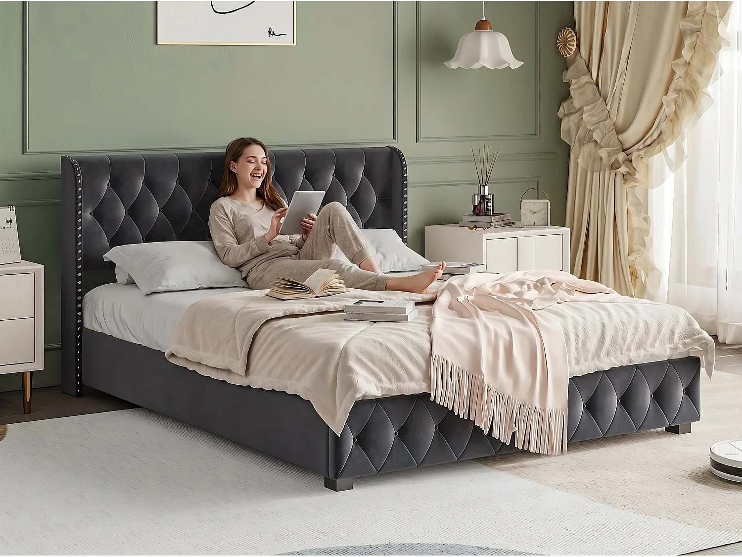 Lit coffre160x200 - gris avec tête de lit capitonnée, clous décoratifs et sommier relevable-en velours