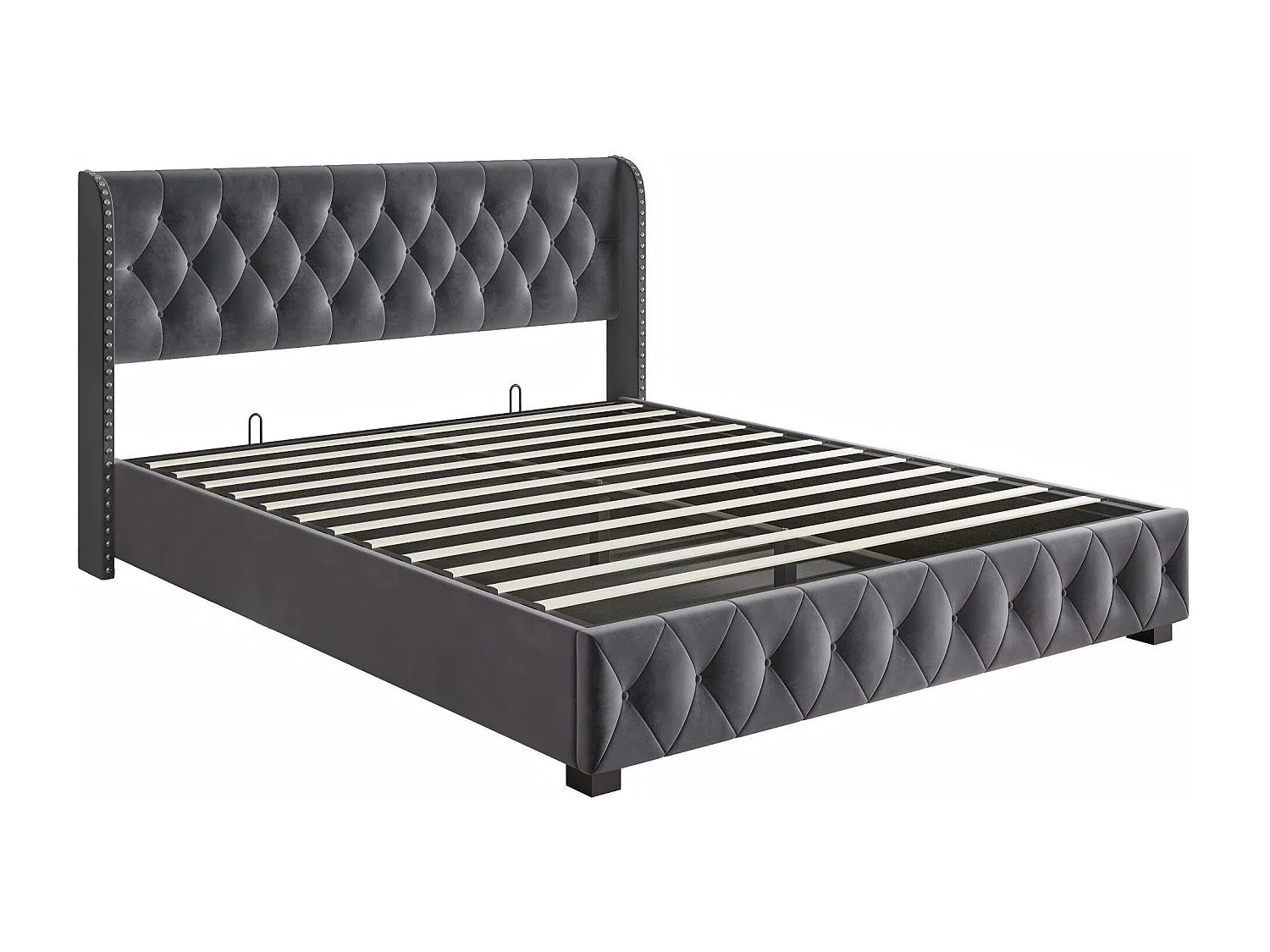 Lit coffre160x200 - gris avec tête de lit capitonnée, clous décoratifs et sommier relevable-en velours